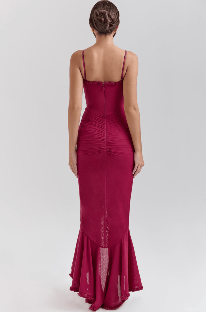 Maxi vestido de noche de manga larga con volantes