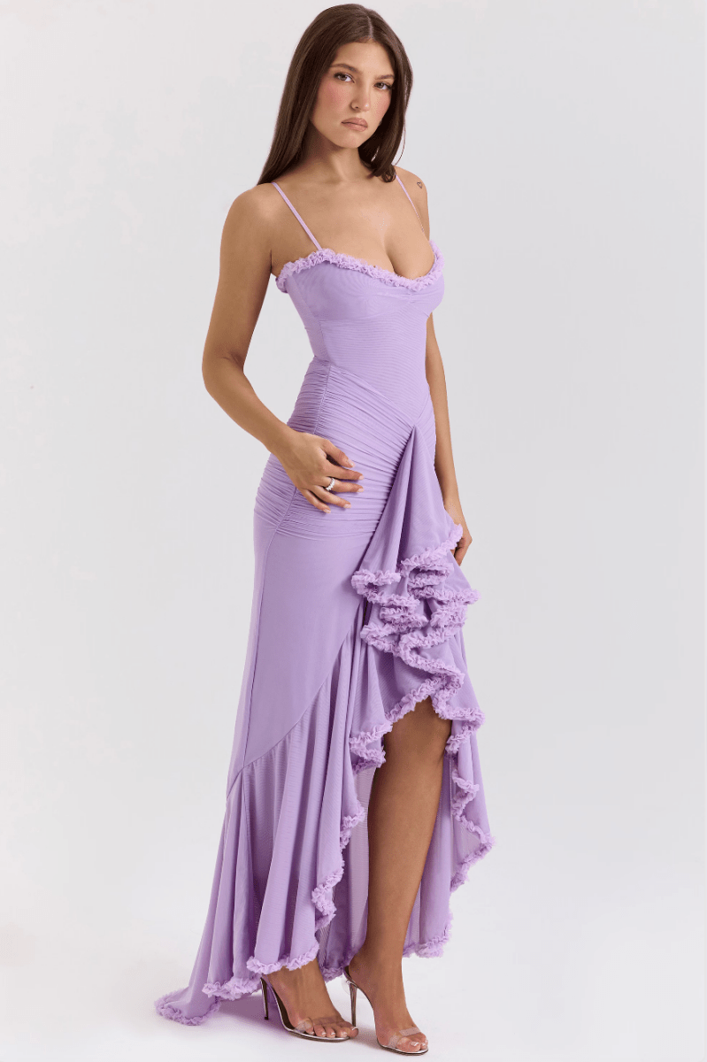 Maxi vestido de noche de manga larga con volantes