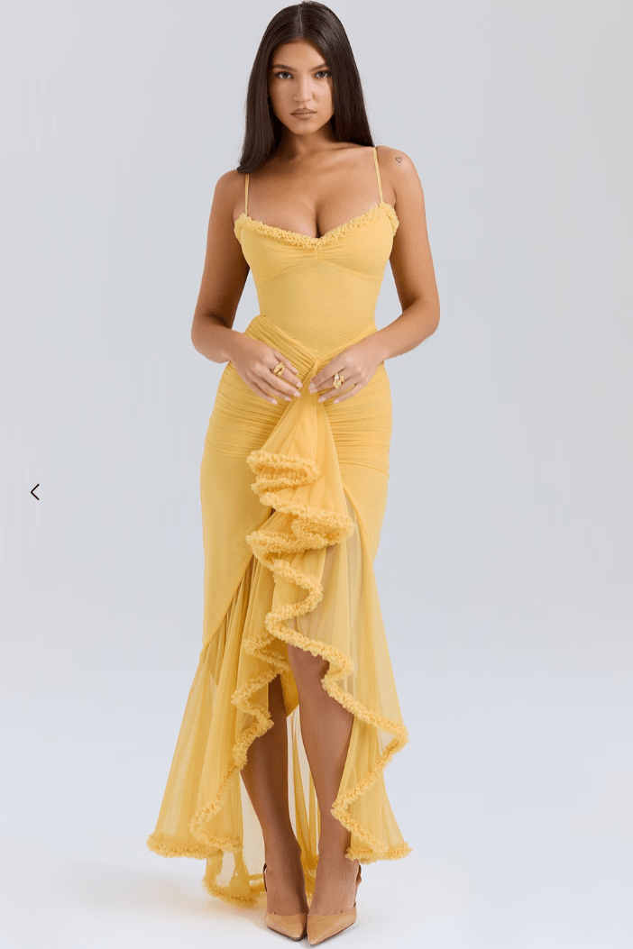 Maxi vestido de noche de manga larga con volantes