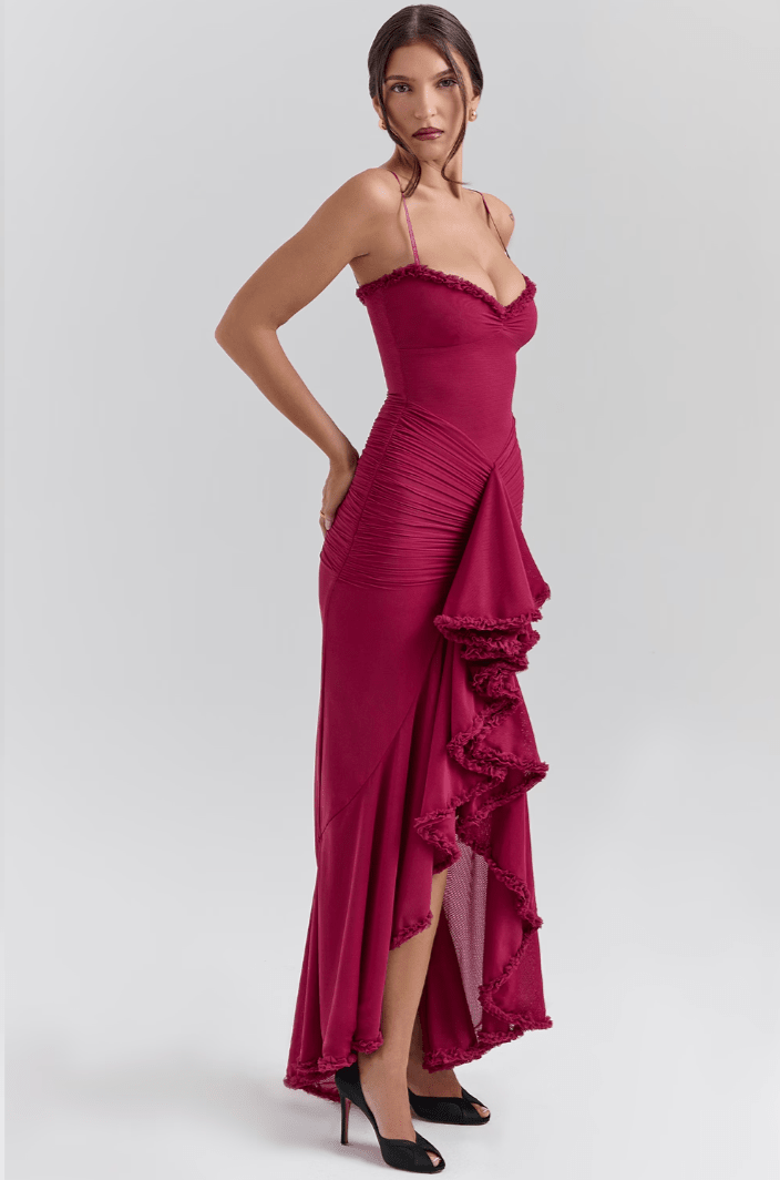 Maxi vestido de noche de manga larga con volantes