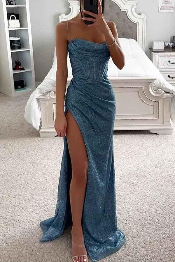melina – vestido de noche brillante con corsé y abertura en la pierna