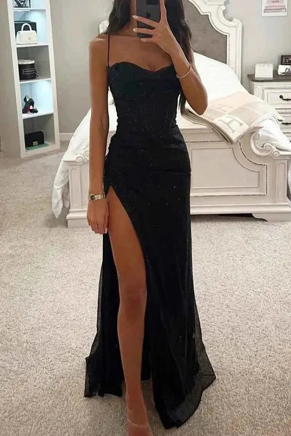 melina – vestido de noche brillante con corsé y abertura en la pierna