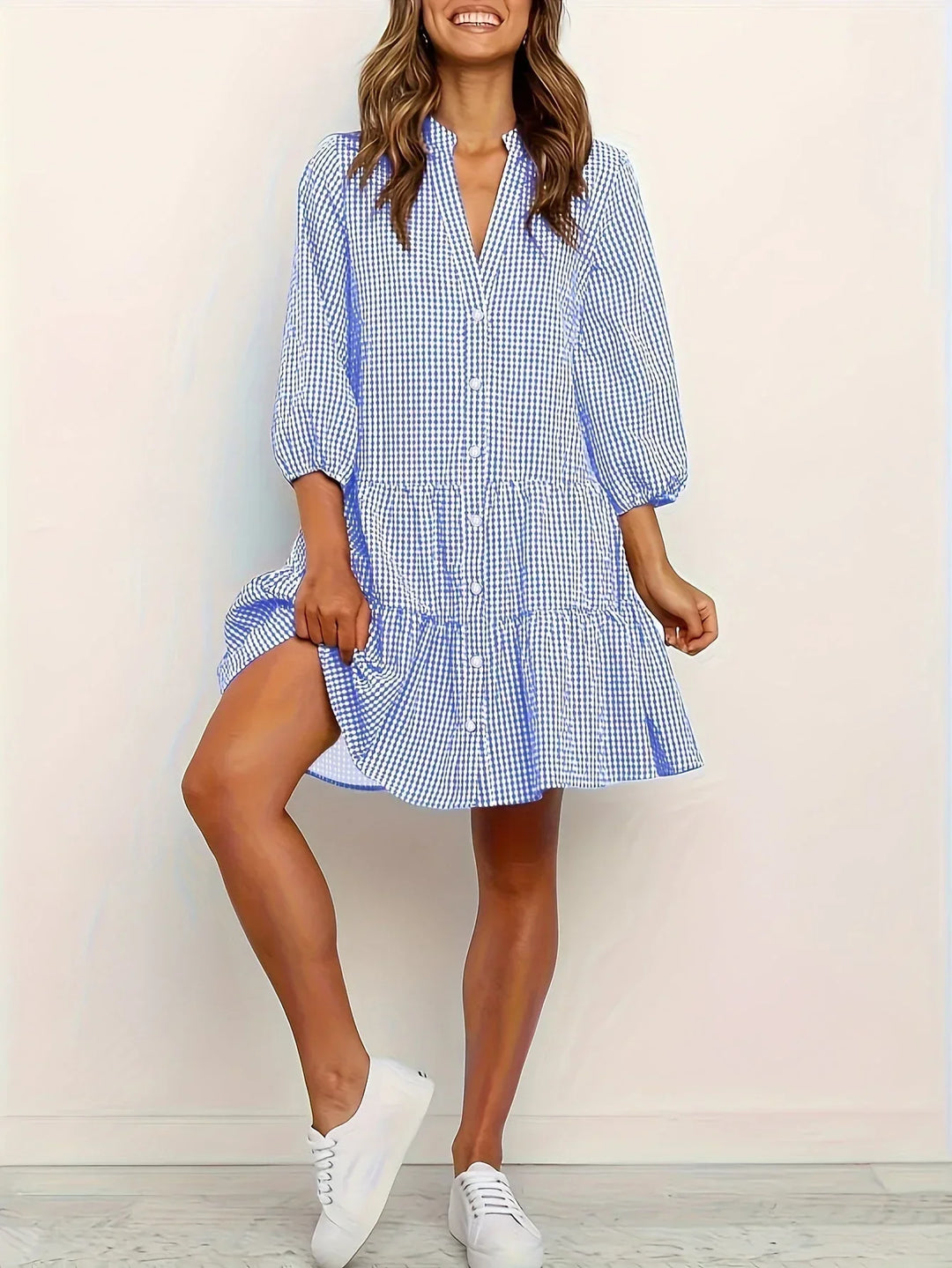 Vestido mini de cuadros para mujeres, con mangas 3/4 y cuello abotonado