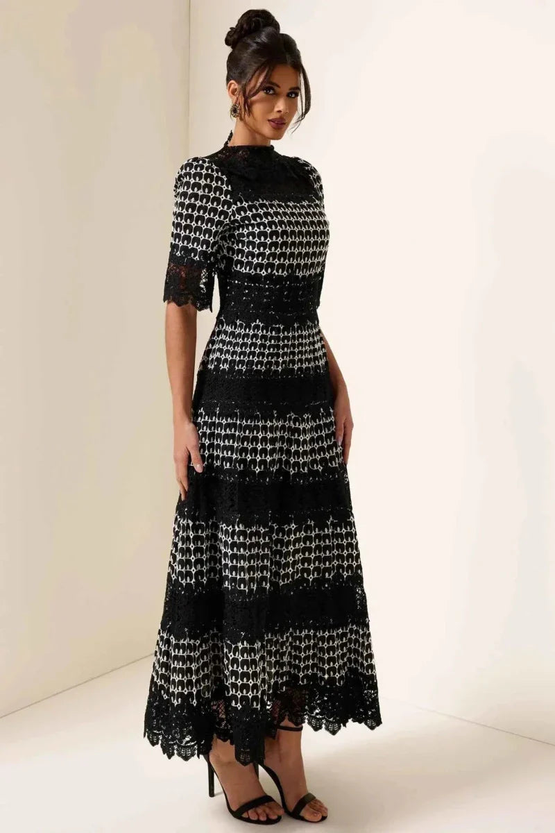 mireille – elegante vestido negro de encaje con patrón jacquard para ocasiones especiales