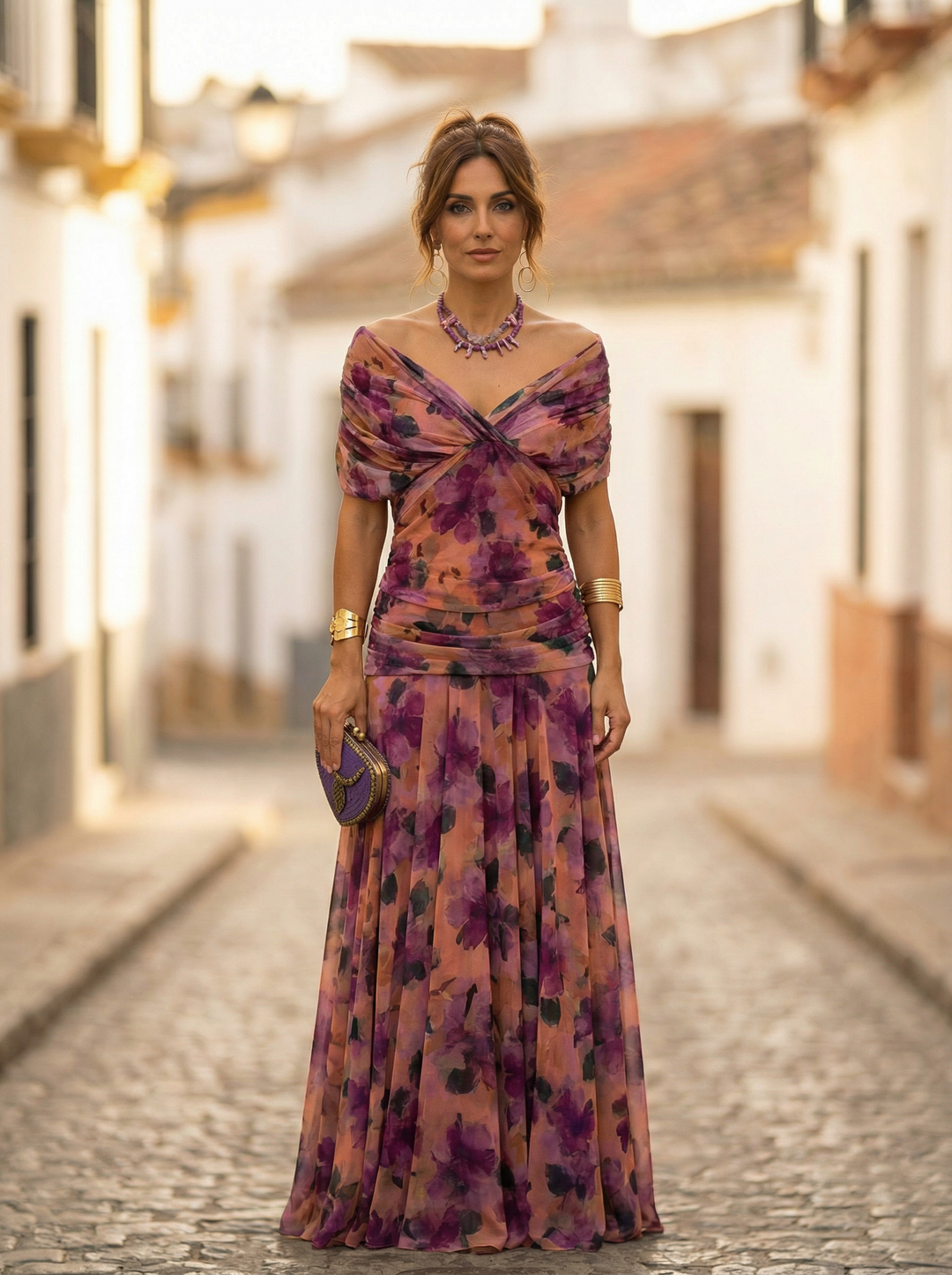 Vestido Maxi para Mujeres con diseño de hombros al descubierto, escote en V drapeado, cintura fruncida