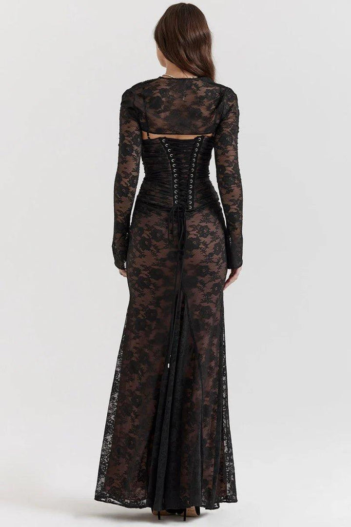 Noa – Vestido maxi de encaje con mangas largas y detalles transparentes