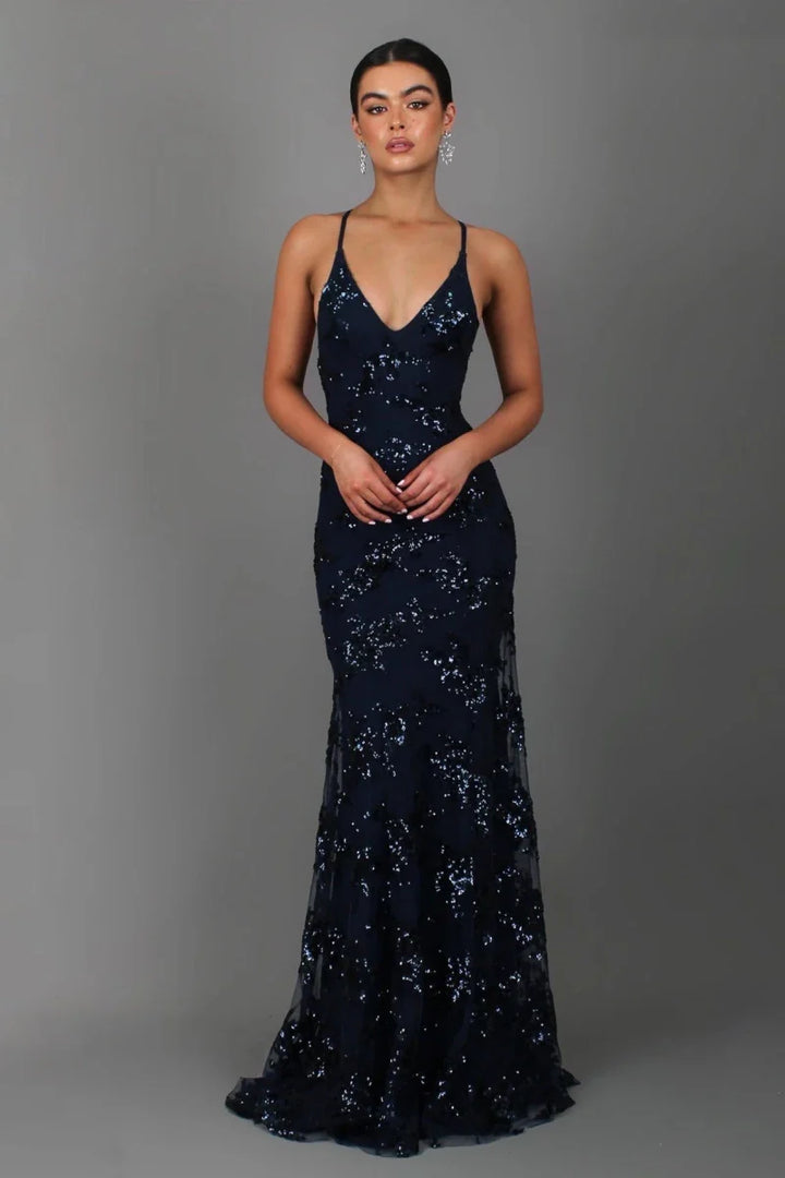 Nora – vestido de noche largo con bordado de lentejuelas, escote profundo en la espalda y tirantes de espagueti
