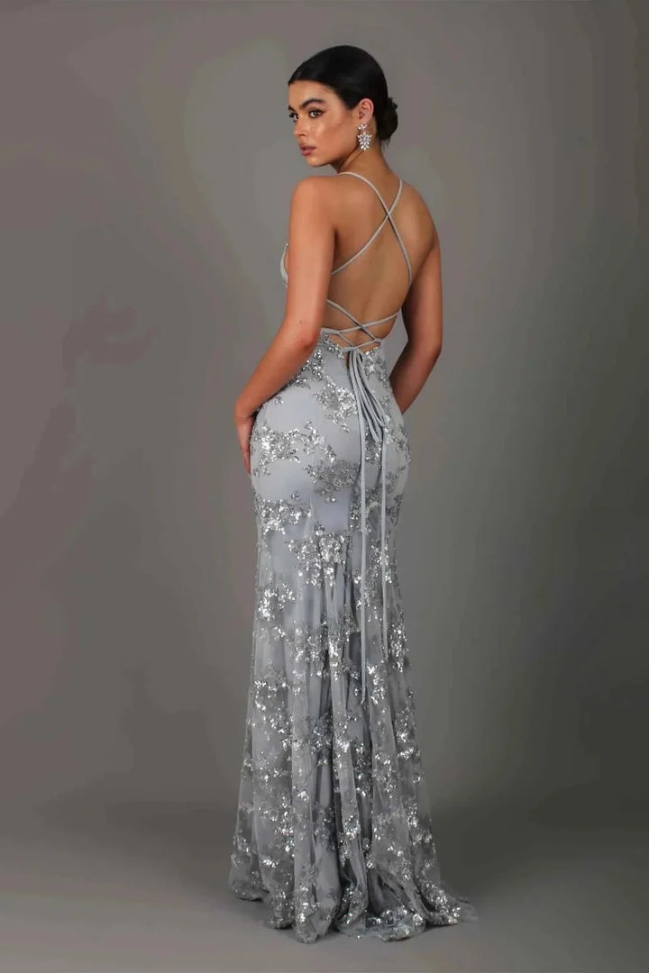 Nora – vestido de noche largo con bordado de lentejuelas, escote profundo en la espalda y tirantes de espagueti