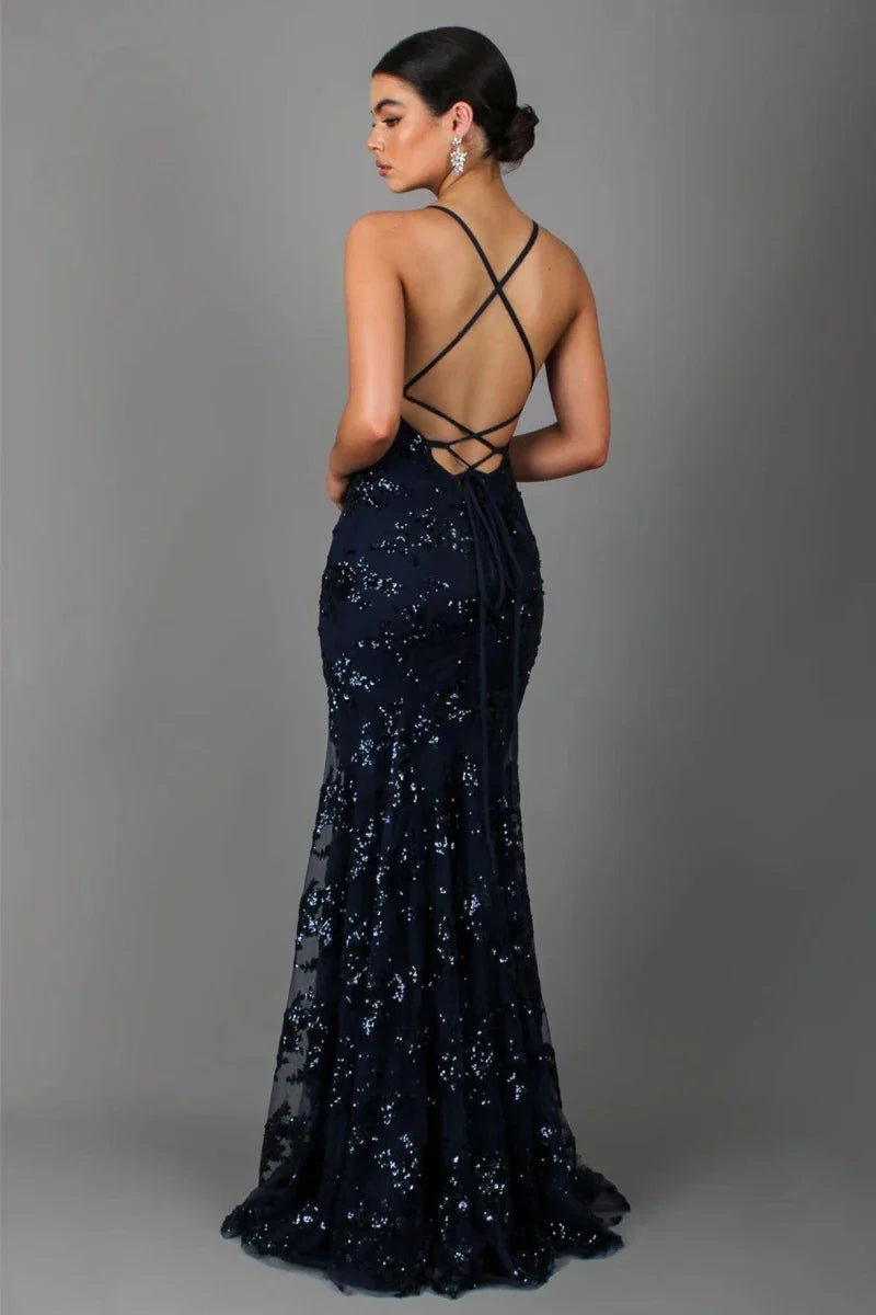 Nora – vestido de noche largo con bordado de lentejuelas, escote profundo en la espalda y tirantes de espagueti