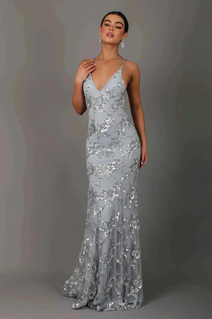 Nora – vestido de noche largo con bordado de lentejuelas, escote profundo en la espalda y tirantes de espagueti