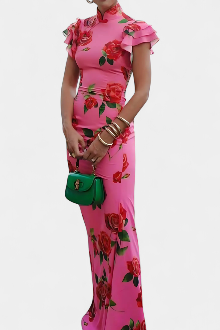 Mayra Vestido Qipao con Estampado de Rosas Elegante