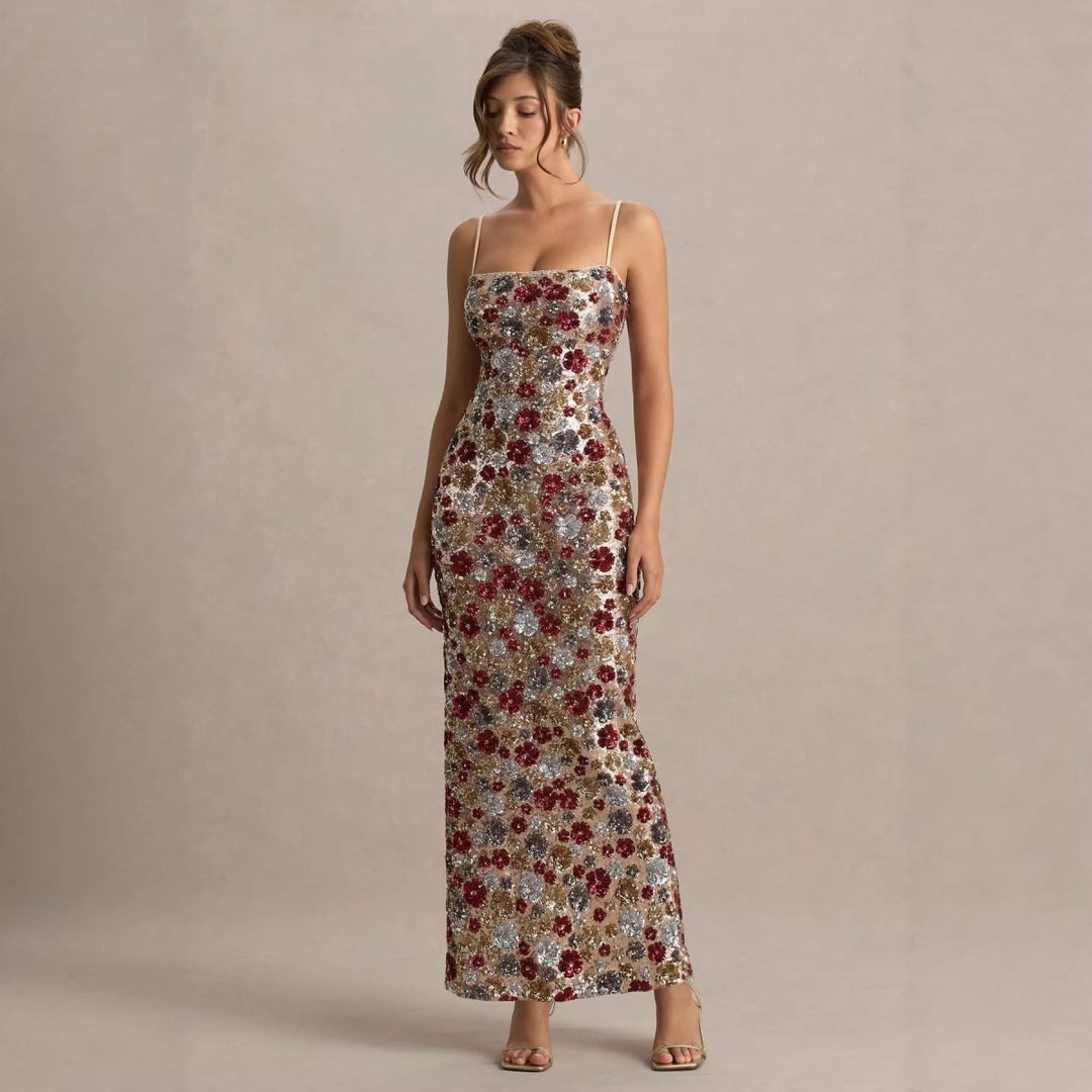 Vestido de noche maxi con lentejuelas y estampado floral