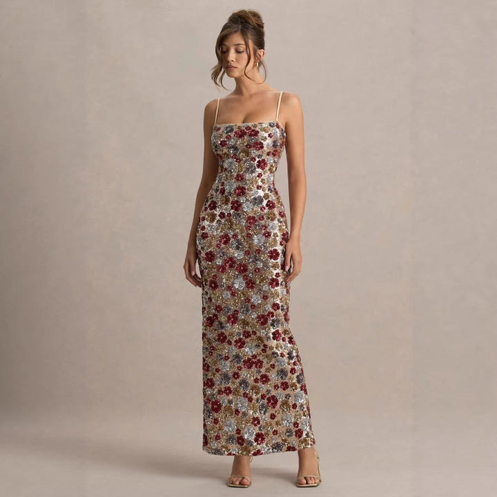 Vestido de noche maxi con lentejuelas y estampado floral