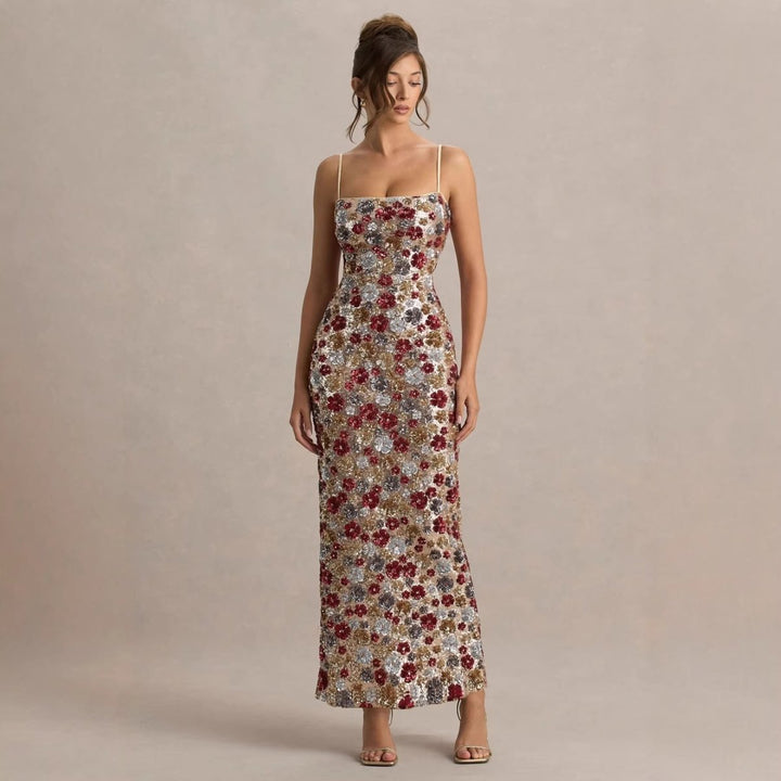 Vestido de noche maxi con lentejuelas y estampado floral