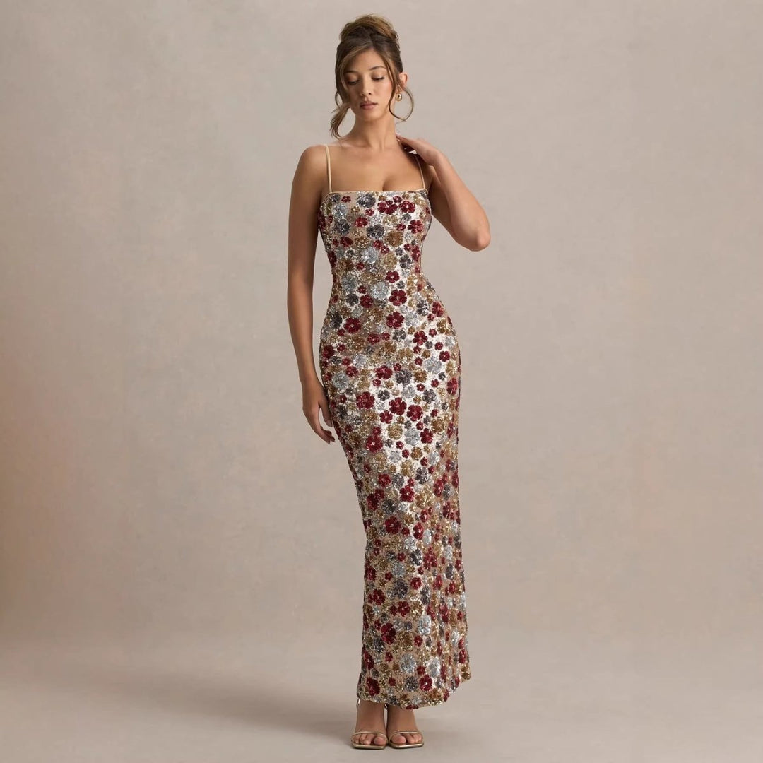 Vestido de noche maxi con lentejuelas y estampado floral