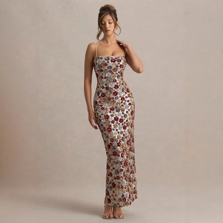 Vestido de noche maxi con lentejuelas y estampado floral