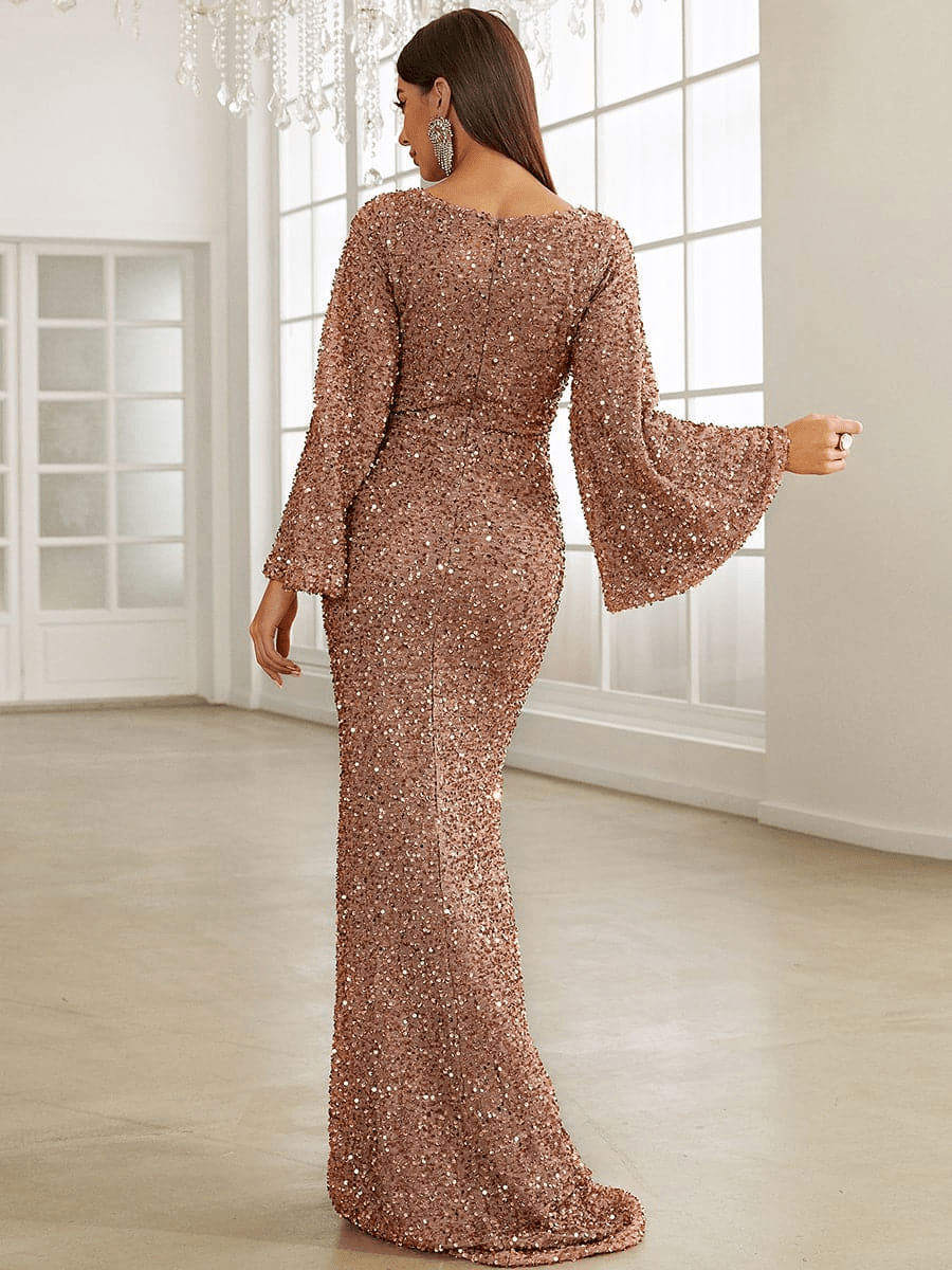 Vestido de Noche Maxi con Paillettes y Escote en V