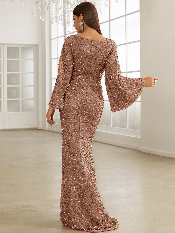 Vestido de Noche Maxi con Paillettes y Escote en V