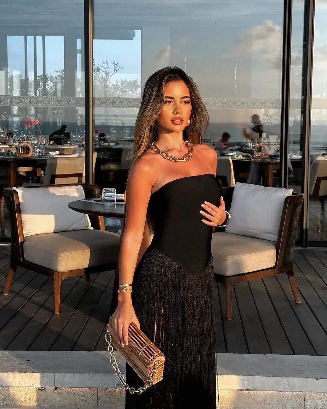 Vestido maxi de tirantes sin mangas con flecos para mujeres