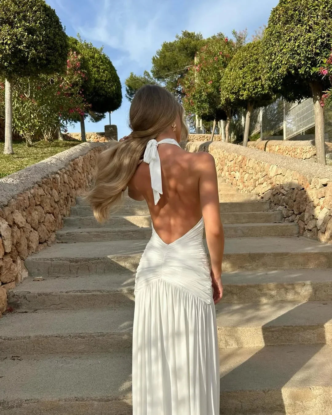 Vestido Maxi de verano blanco sin espalda para mujer