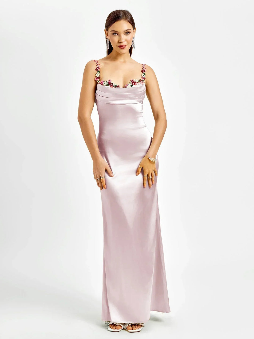 Vestido maxi de satén para mujer con adornos florales para la noche