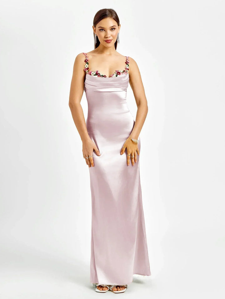 Vestido maxi de satén para mujer con adornos florales para la noche