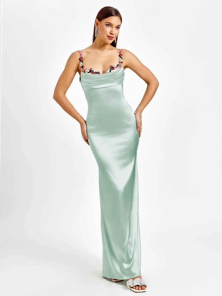Vestido maxi de satén para mujer con adornos florales para la noche