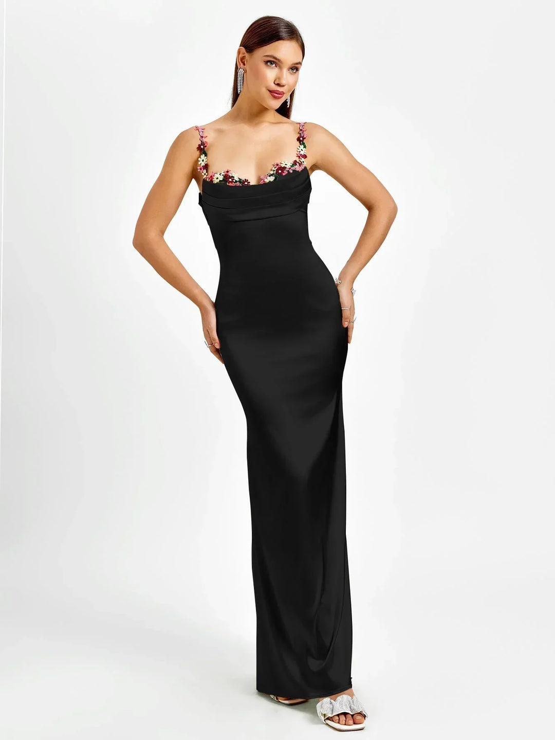 Vestido maxi de satén para mujer con adornos florales para la noche