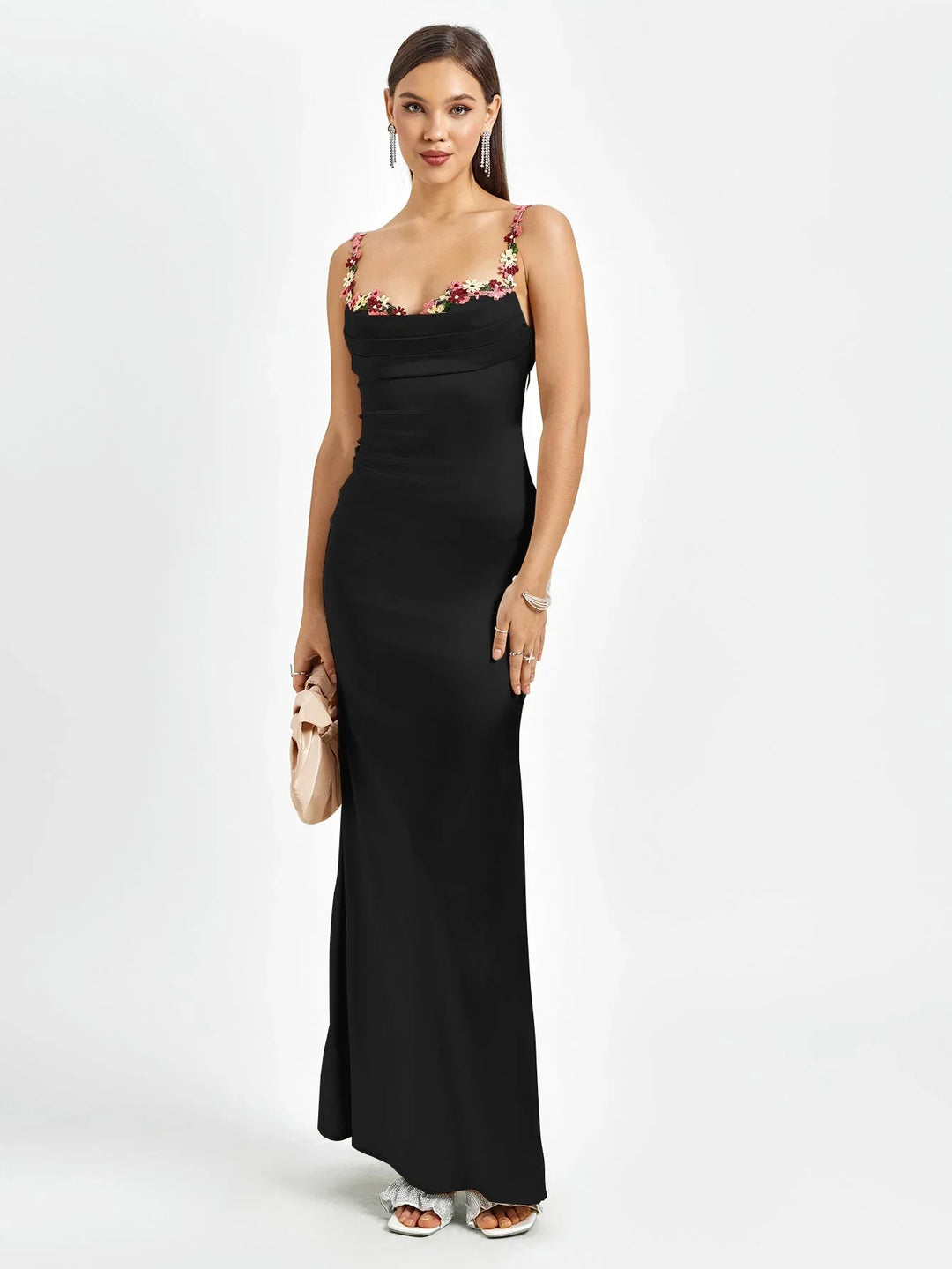 Vestido maxi de satén para mujer con adornos florales para la noche