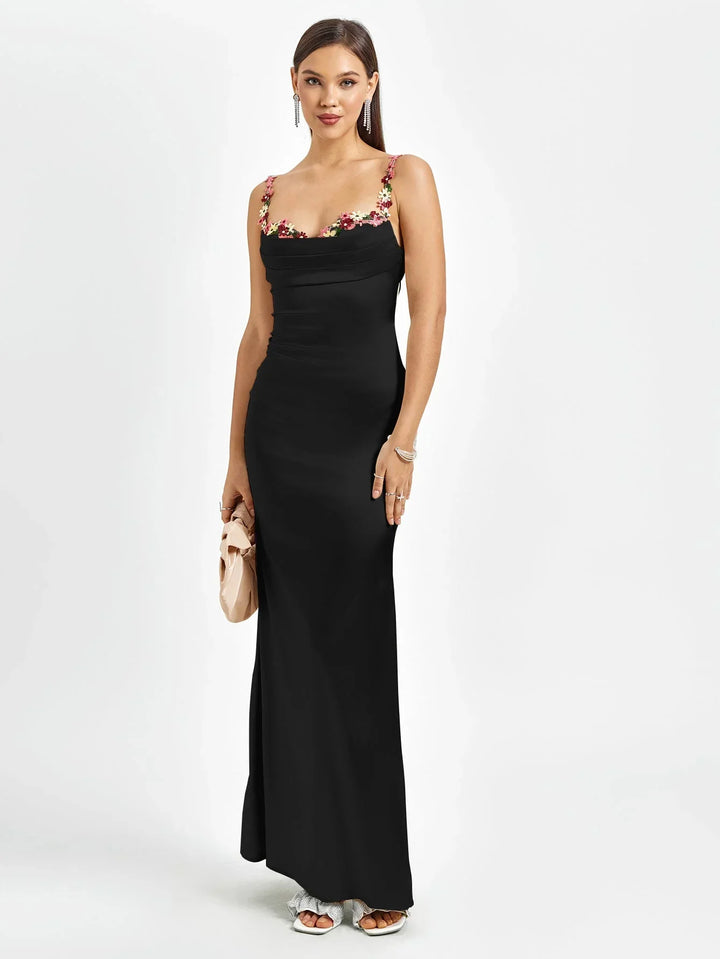 Vestido maxi de satén para mujer con adornos florales para la noche