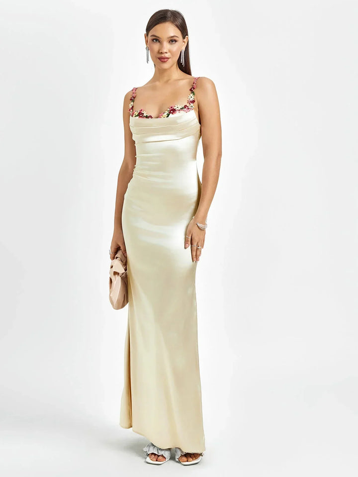 Vestido maxi de satén para mujer con adornos florales para la noche