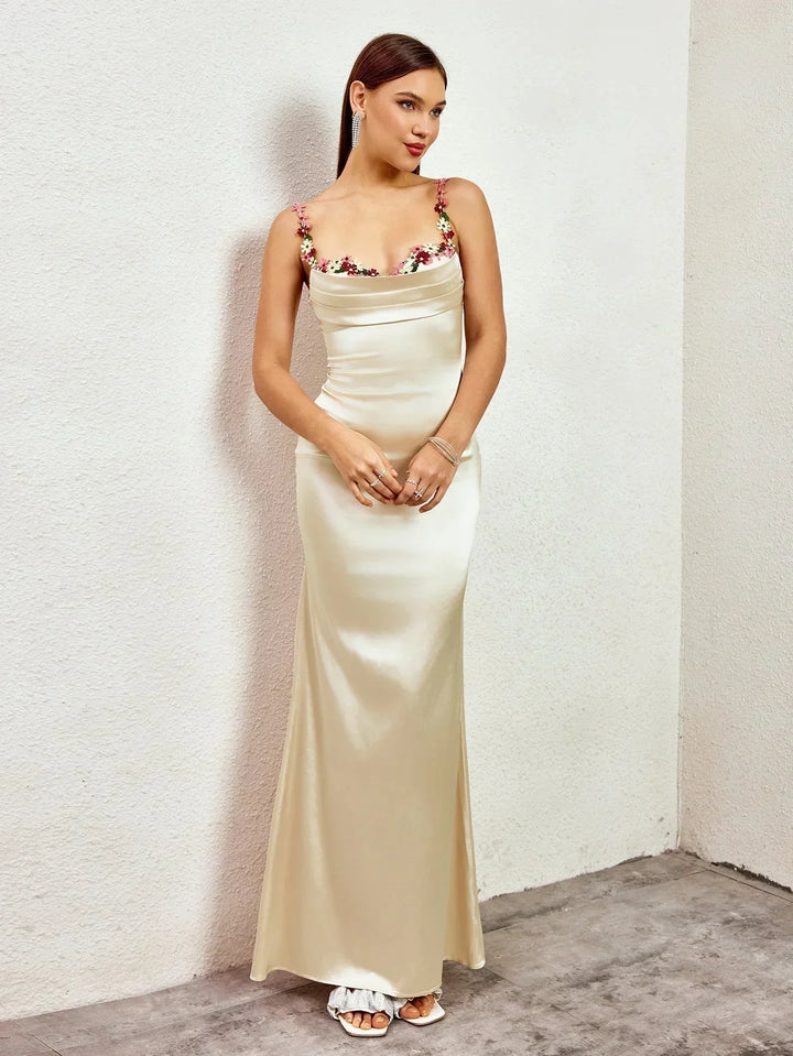 Vestido maxi de satén para mujer con adornos florales para la noche