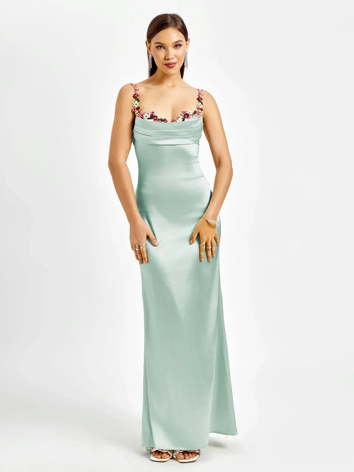 Vestido maxi de satén para mujer con adornos florales para la noche