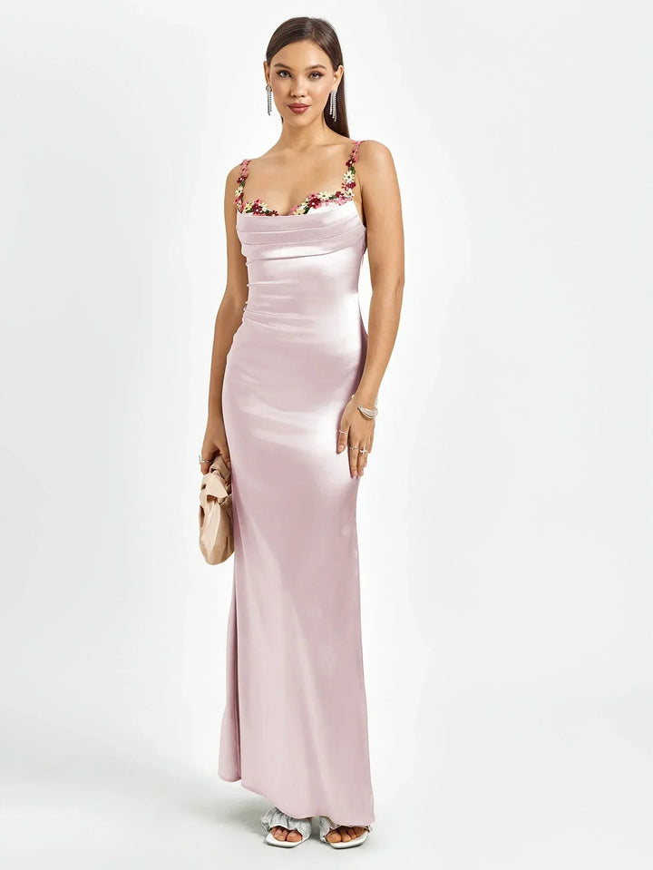 Vestido maxi de satén para mujer con adornos florales para la noche