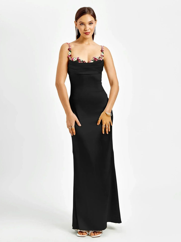 Vestido maxi de satén para mujer con adornos florales para la noche