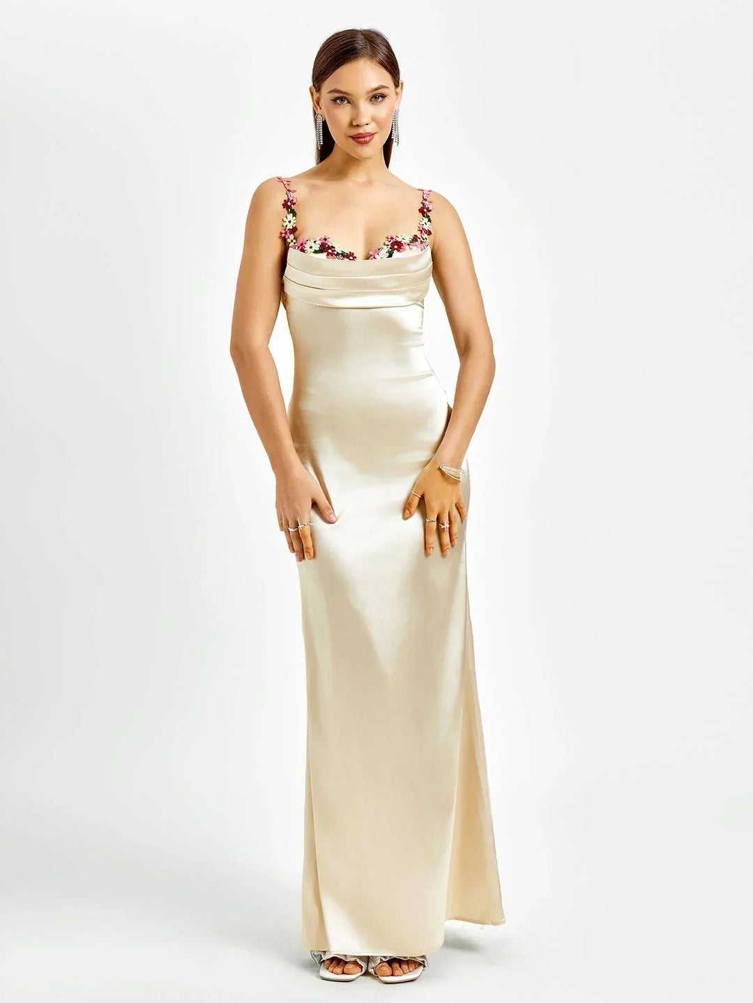 Vestido maxi de satén para mujer con adornos florales para la noche