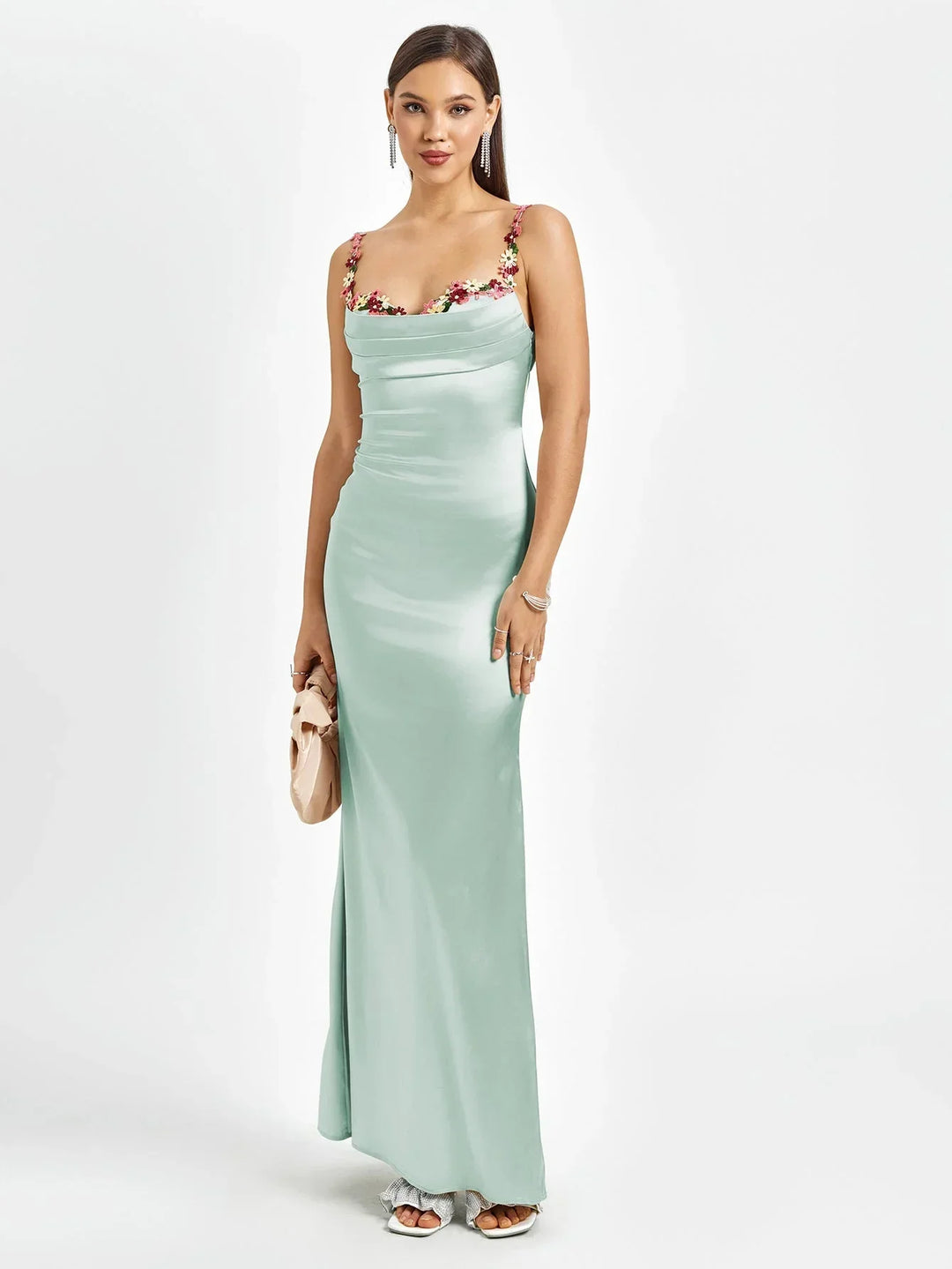 Vestido maxi de satén para mujer con adornos florales para la noche