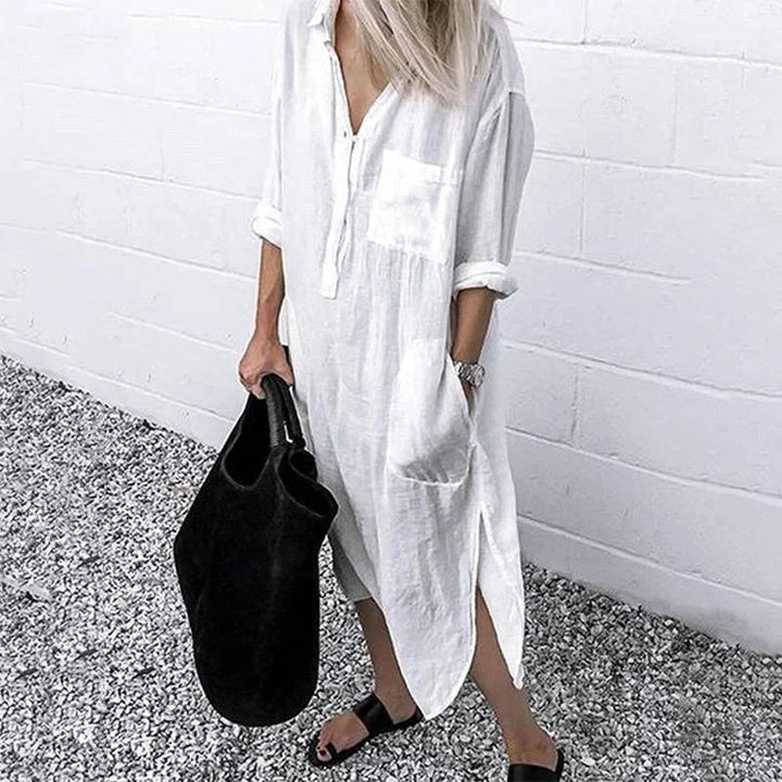 Vestido maxi de mujer suelto en lino con prácticos bolsillos