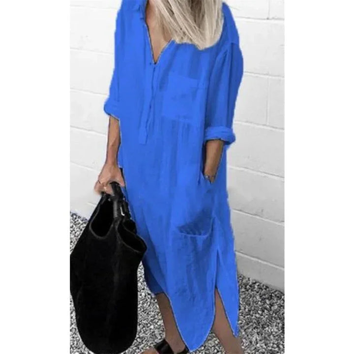 Vestido maxi de mujer suelto en lino con prácticos bolsillos