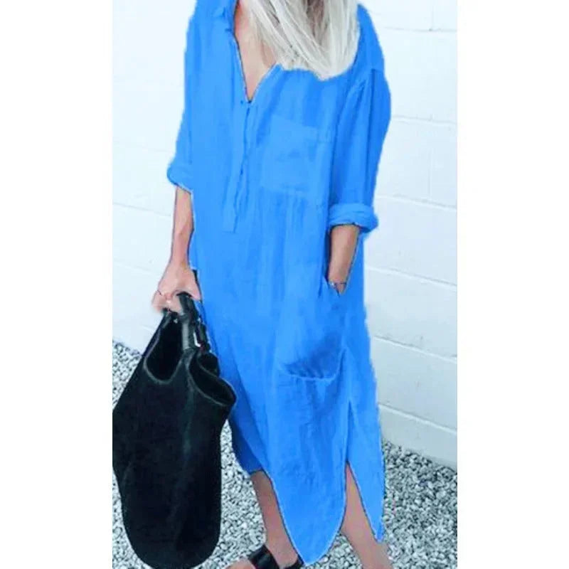 Vestido maxi de mujer suelto en lino con prácticos bolsillos