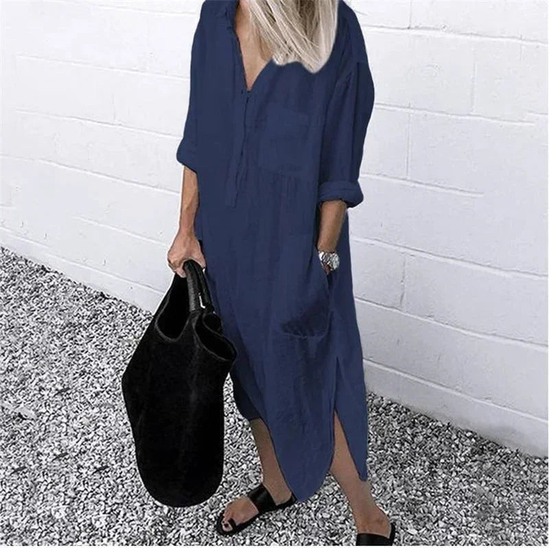 Vestido maxi de mujer suelto en lino con prácticos bolsillos