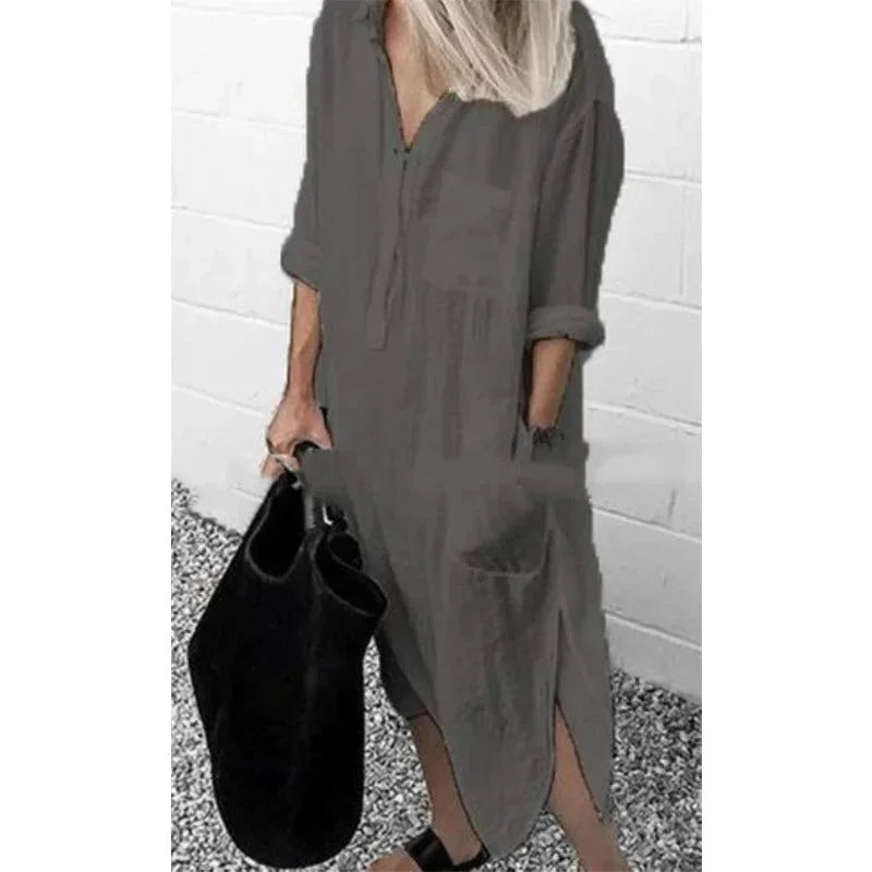 Vestido maxi de mujer suelto en lino con prácticos bolsillos