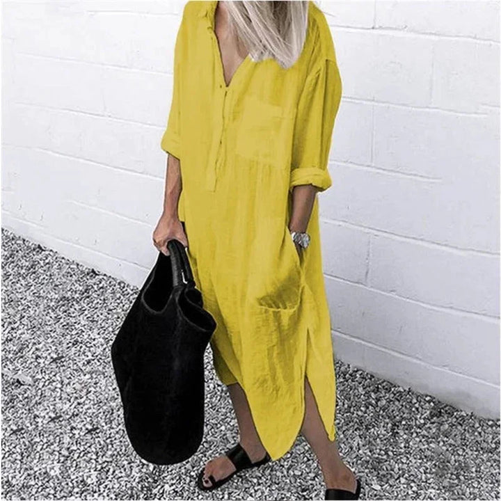 Vestido maxi de mujer suelto en lino con prácticos bolsillos