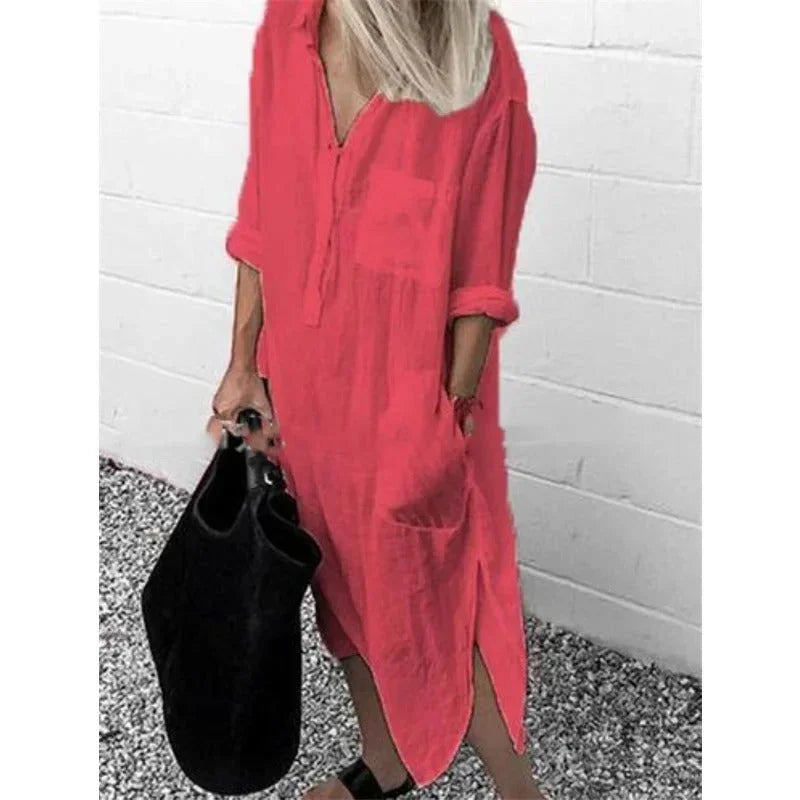 Vestido maxi de mujer suelto en lino con prácticos bolsillos