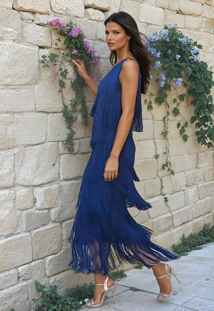 Vestido maxi azul marino para mujer con flecos asimétricos