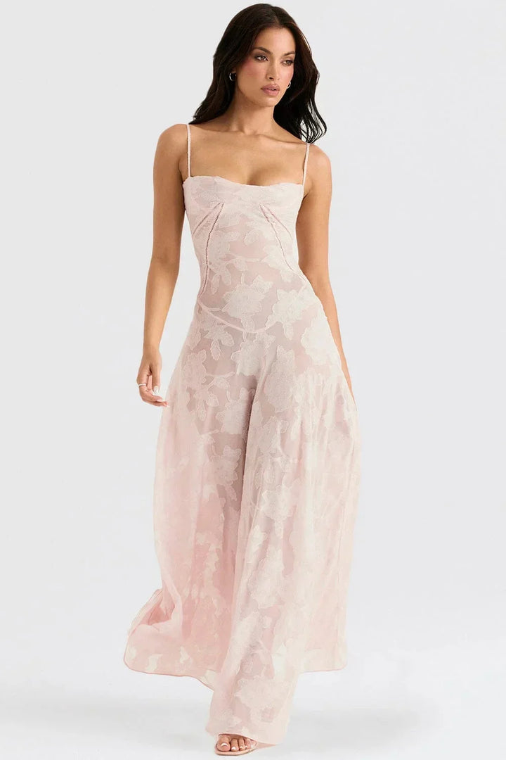 Vestido largo de encaje floral para mujer con tirantes ajustables, gala