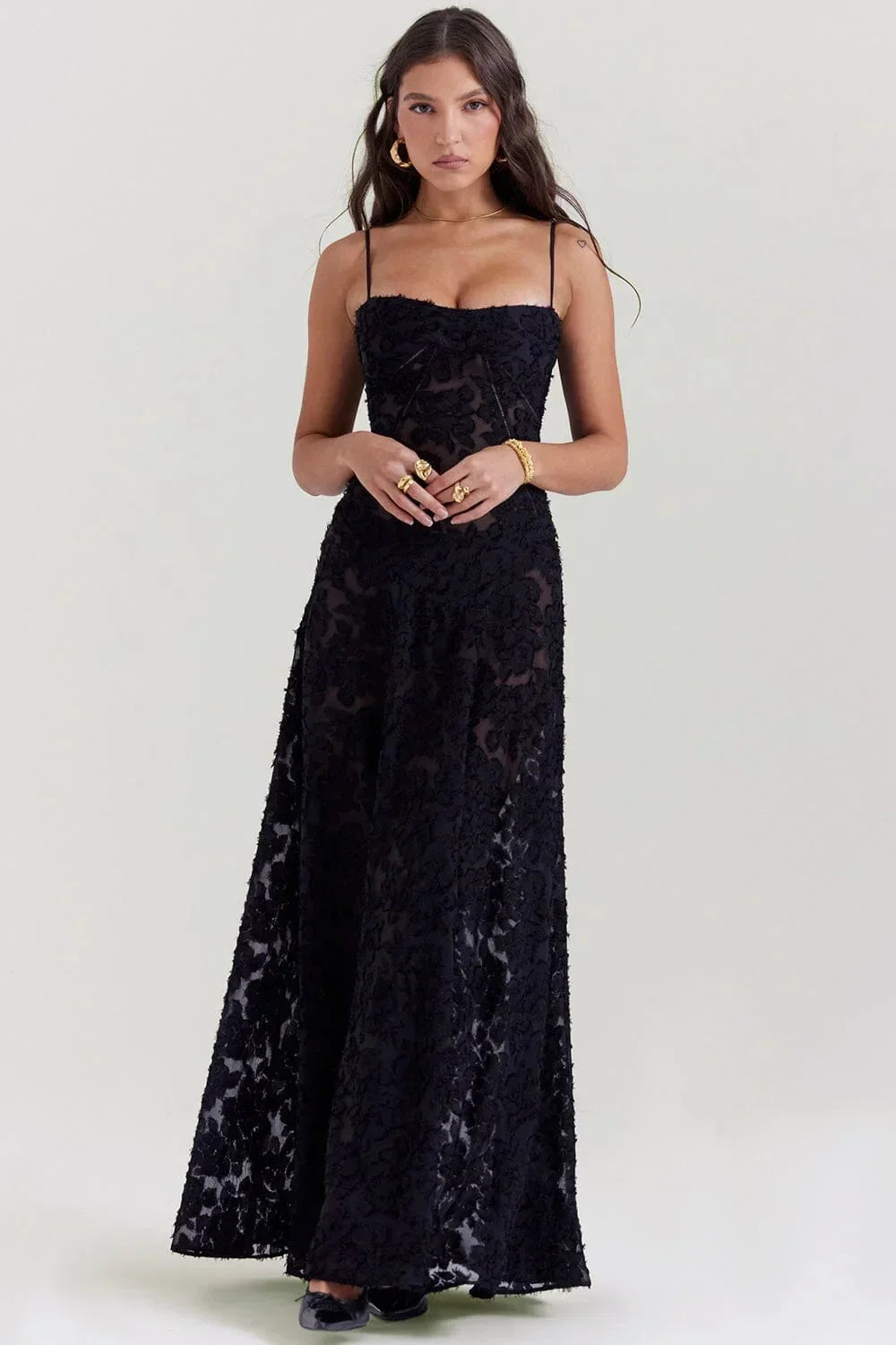 Vestido largo de encaje floral para mujer con tirantes ajustables, gala