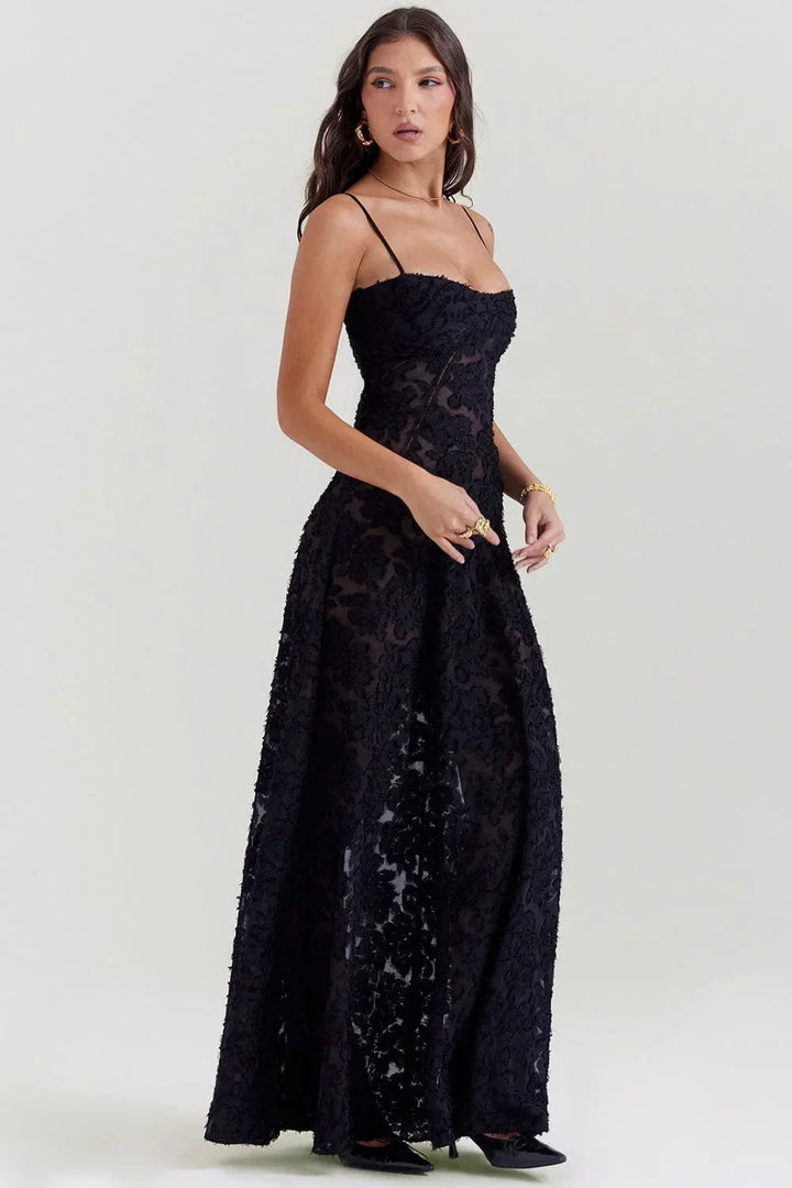 Vestido largo de encaje floral para mujer con tirantes ajustables, gala