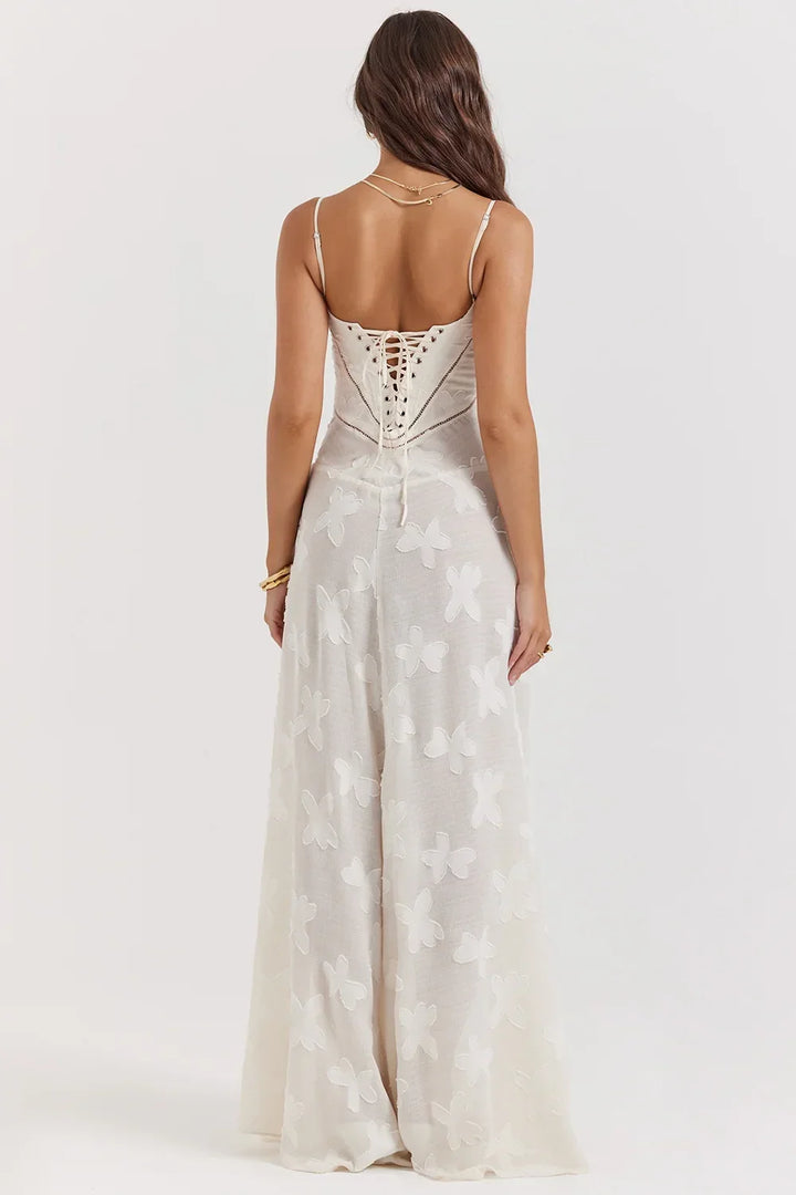 Vestido maxi femenino con encaje floral y tirantes delgados