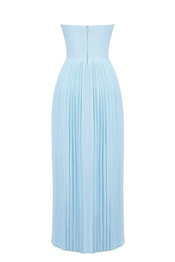 Vestido maxi mujer azul claro con corsé plisado